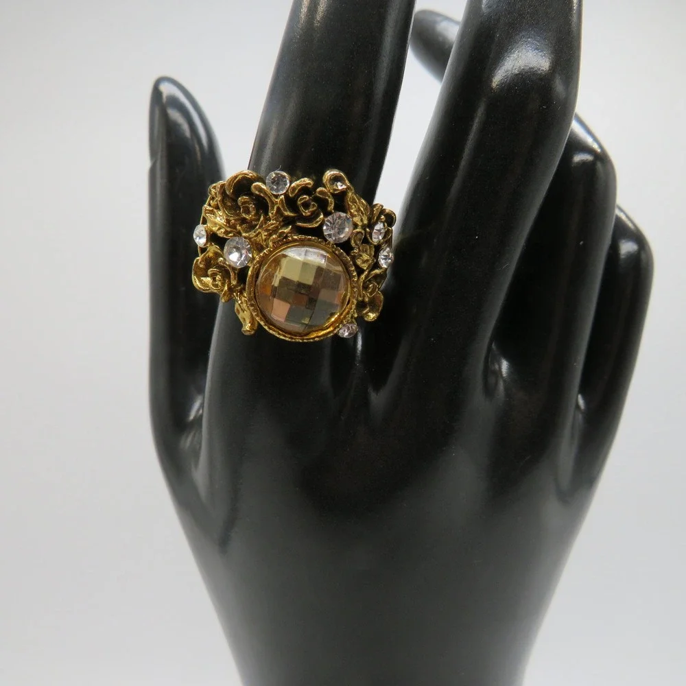 Vintage Gold Tone Rose Floral Cocktail Ring Amber Stone Rhinestone Size 9